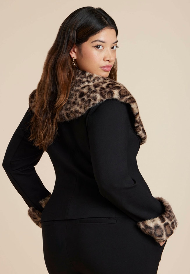 Leopard Faux Fur Trim Jacket image number 1