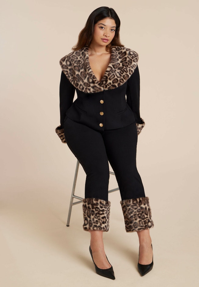 Leopard Faux Fur Trim Jacket image number 2