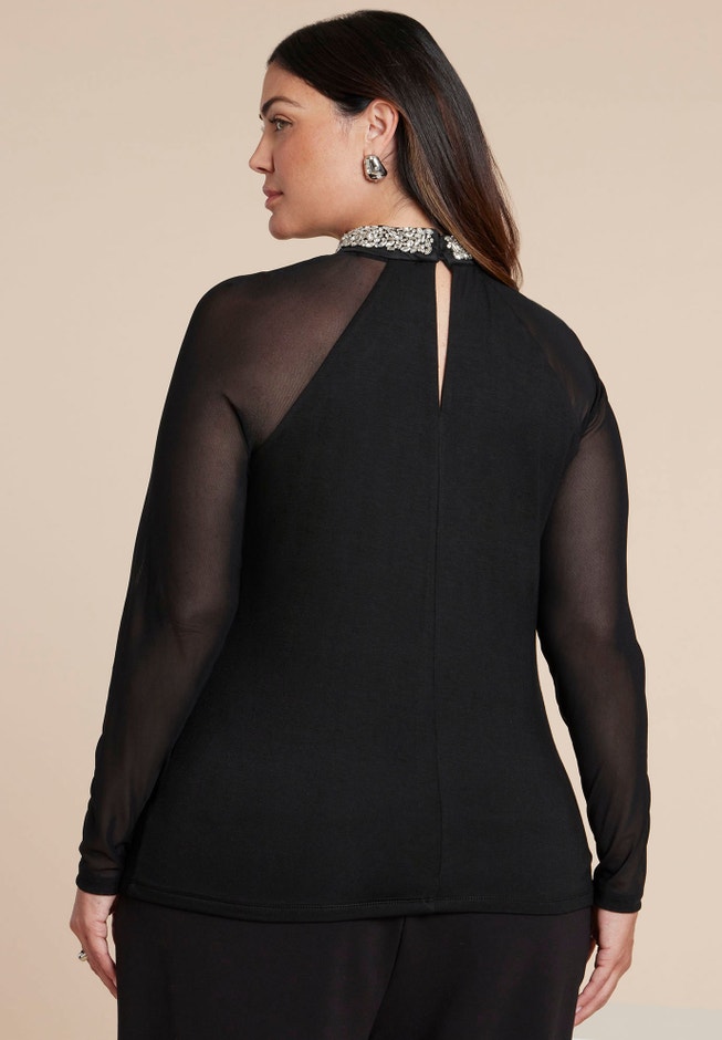 Embellished Top With Sheer Sleeves image number 1