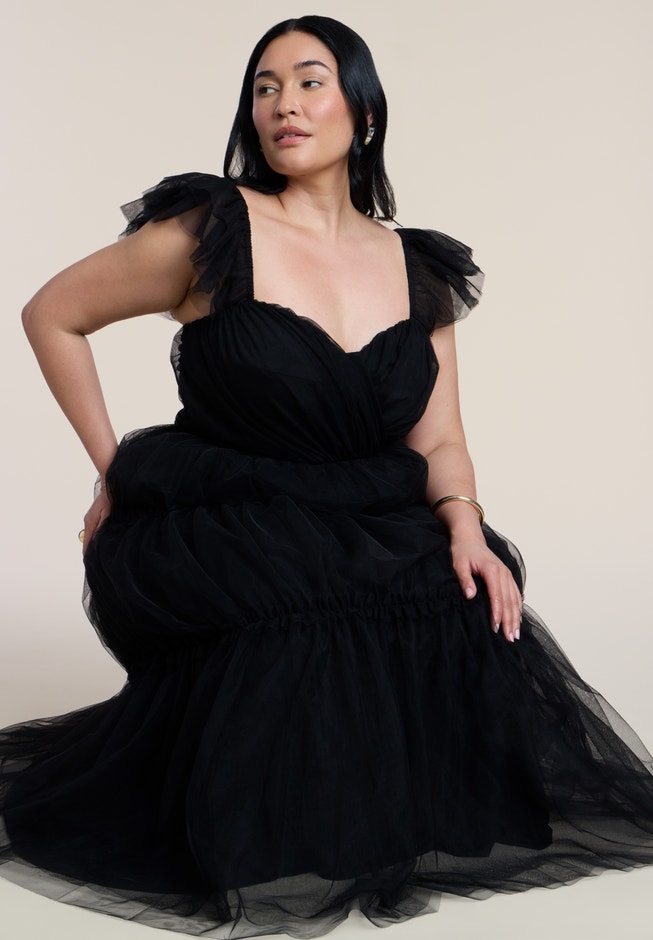 Flutter-Sleeve Tulle Midi Dress image number 4