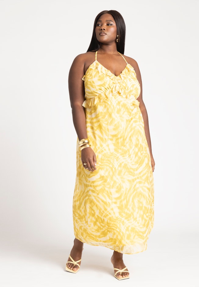 Chiffon Gold Maxi Dress - V-Neck, Full Length, Foil Sun | ELOQUII Chiffon Gold Maxi Dress - V-Neck, Full Length, Foil Sun | ELOQUII