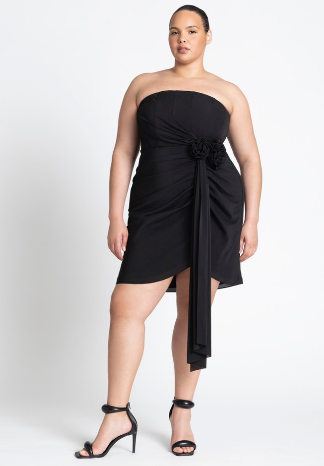 Rosette Sash Mini Dress - Bodycon Strapless, Black Onyx | ELOQUII Rosette Sash Mini Dress - Bodycon Strapless, Black Onyx | ELOQUII