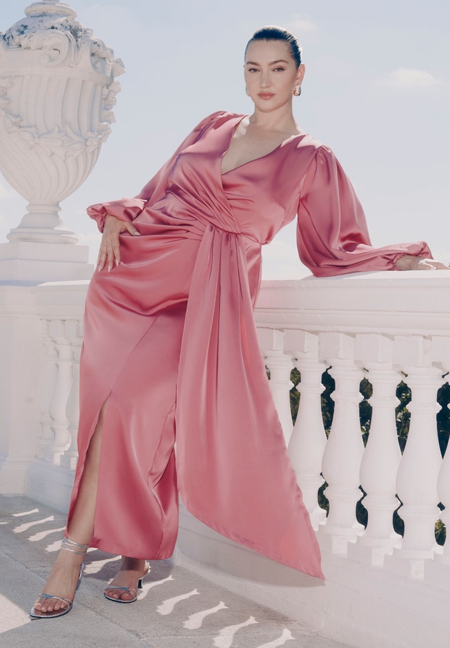 Satin Puff Sleeve Pleated Dress image number 0