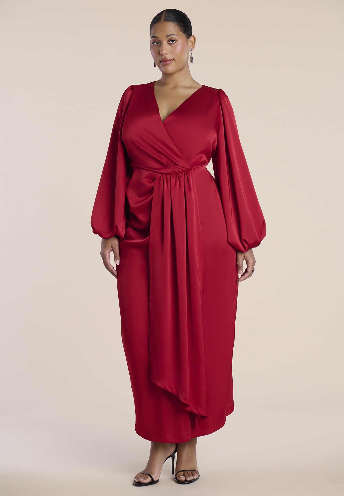 Pleated Satin Puff-Sleeve Maxi Dress