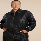 Basket Weave Faux Leather Bomber Jacket image number null
