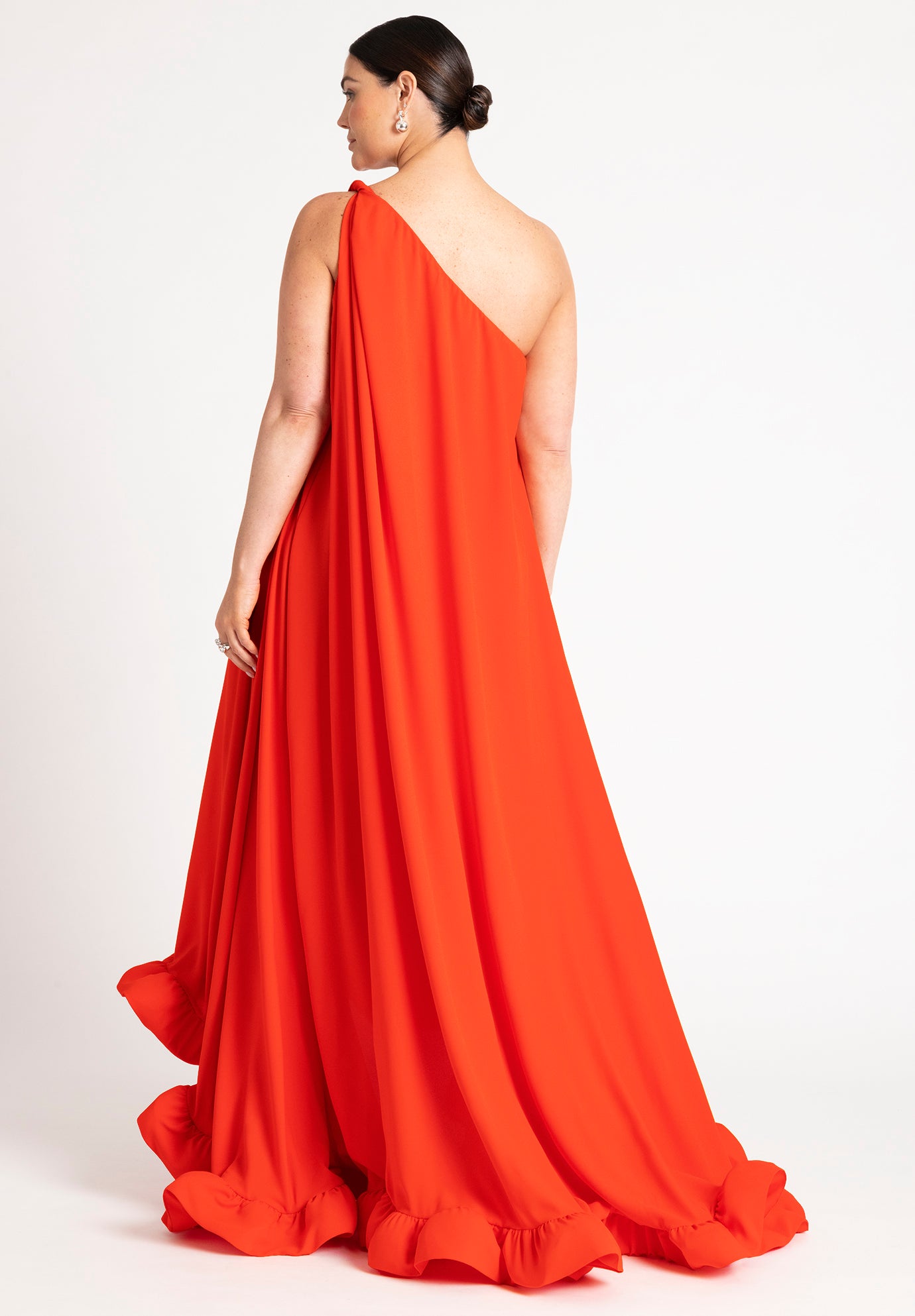 Dramatic Ruffle Gown Asymmetrical Neckline Dress, Bright