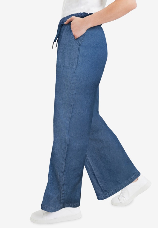Drawstring Denim Wide-Leg Bottoms. image number null