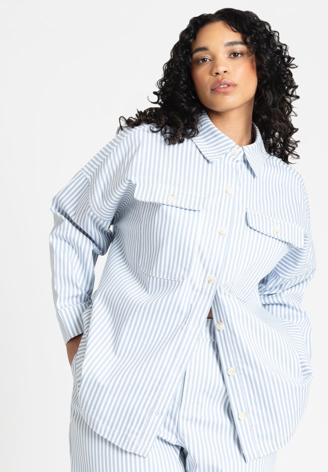 Yarn Dye Striped Shacket for Women, Blue White Stripe | ELOQUII