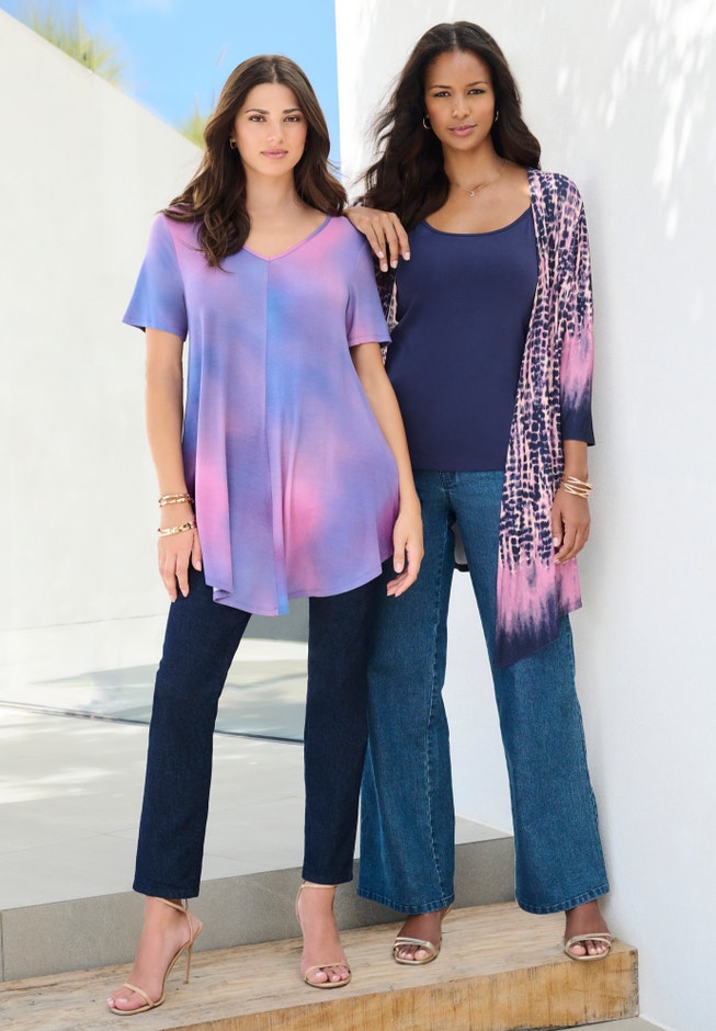 Paper + Tee Women's Plus-Size V-Neck Top - Soft Drape Neck Short Sleeve Basic Blouse