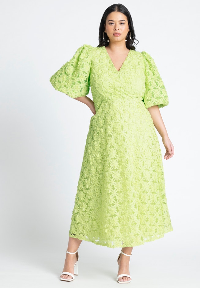 Textural Floral Pleated Maxi Dress, Wild Lime | ELOQUII Textural Floral Pleated Maxi Dress, Wild Lime | ELOQUII