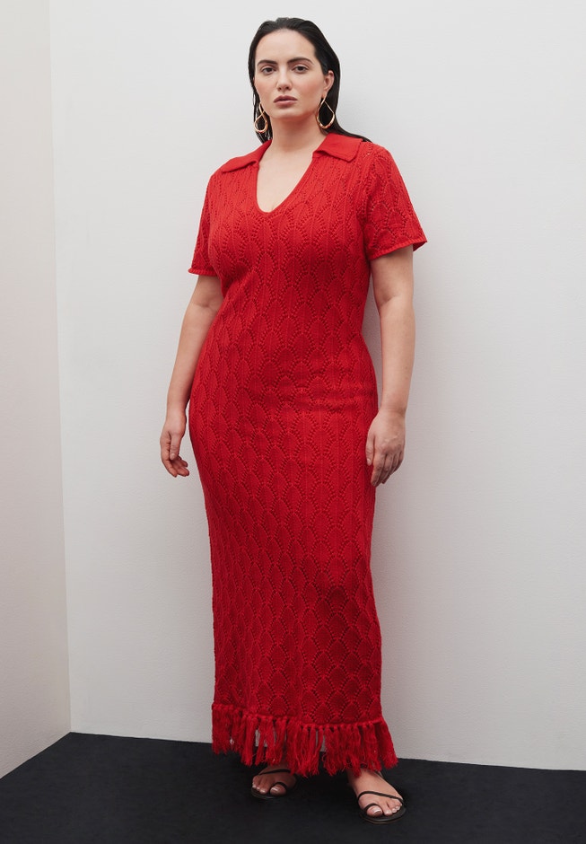 Crochet Maxi Dress With Collar & Fringe image number 3