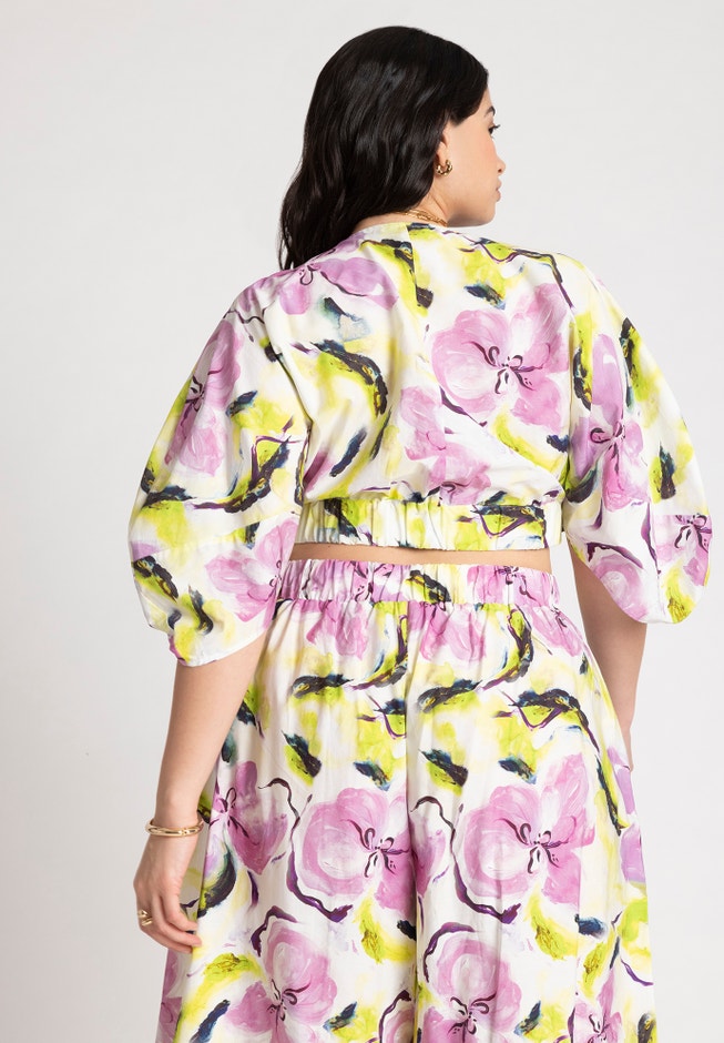 Puff Sleeve Tie Front Crop Top image number 1