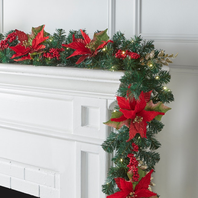 Pre-Lit Poinsettia 9' Garland image number null