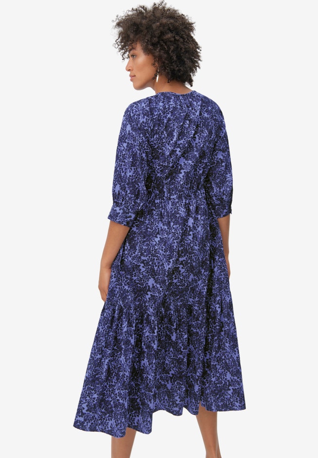 100% Cotton Tiered Below-Elbow Sleeve Midi Dress image number 1