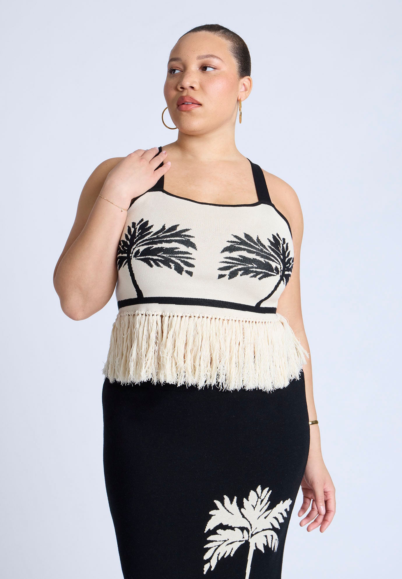 売れ筋商品|||エロクイ カットソー トップス レディース Plus Size Fringe Crop Top Black white trio palm Fringe Crop Top - Close Fit for Night Out, Black White Trio