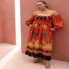 Printed Puff Sleeve Fringe Maxi image number null