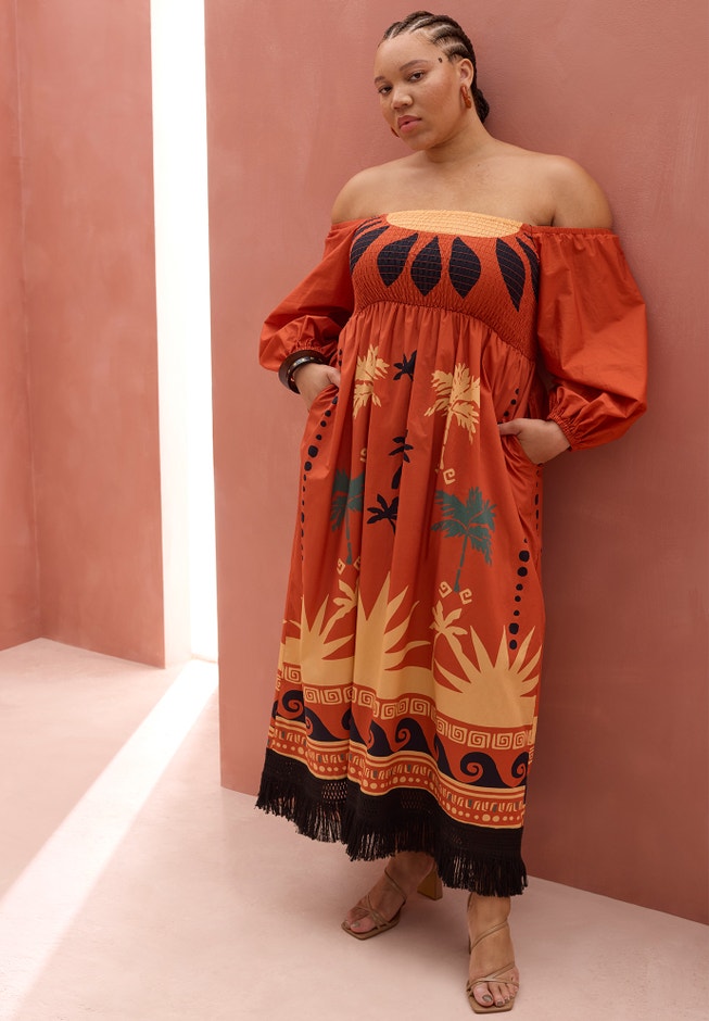 Printed Puff Sleeve Fringe Maxi image number null