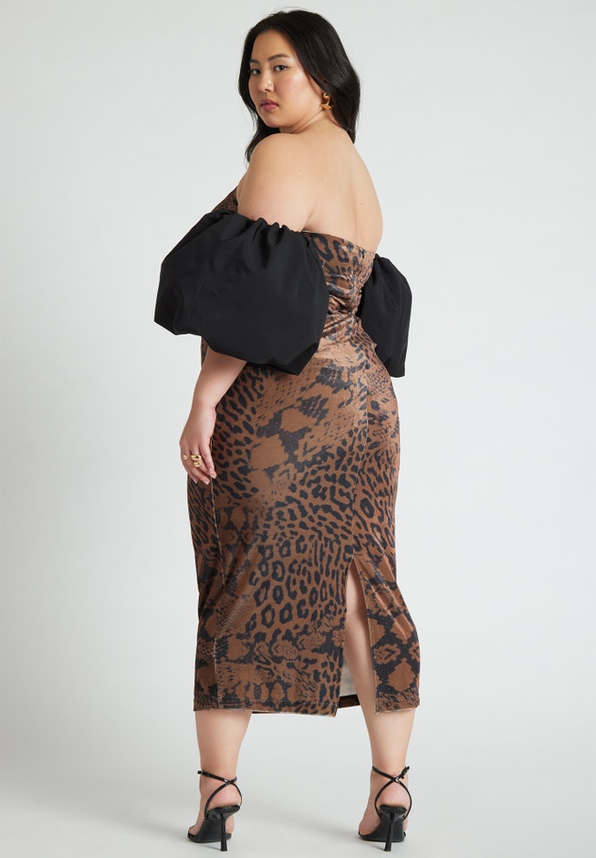 Printed Velvet Dress With Puff Sleeve image number 1
