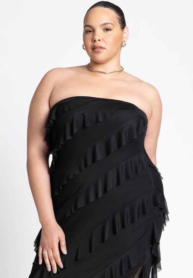 Ruffle Mesh Dress With Slit image number 2