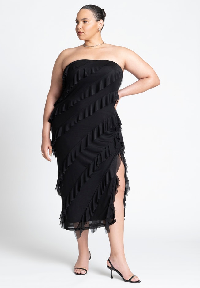 Ruffle Mesh Dress With Slit image number 0