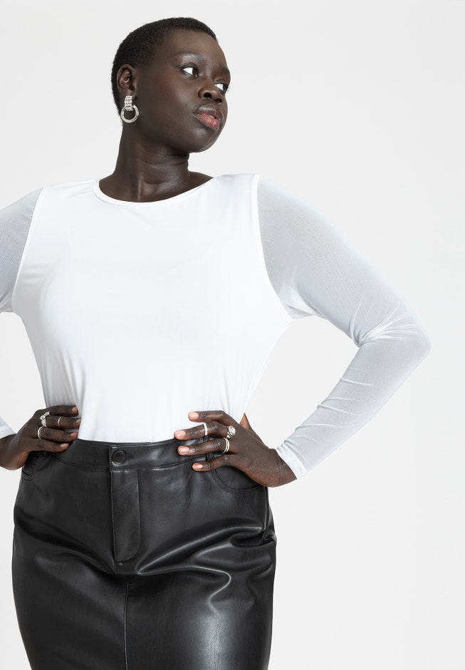 Sheer Sleeve Tee Sheer Mesh Knit Top, White ELOQUII