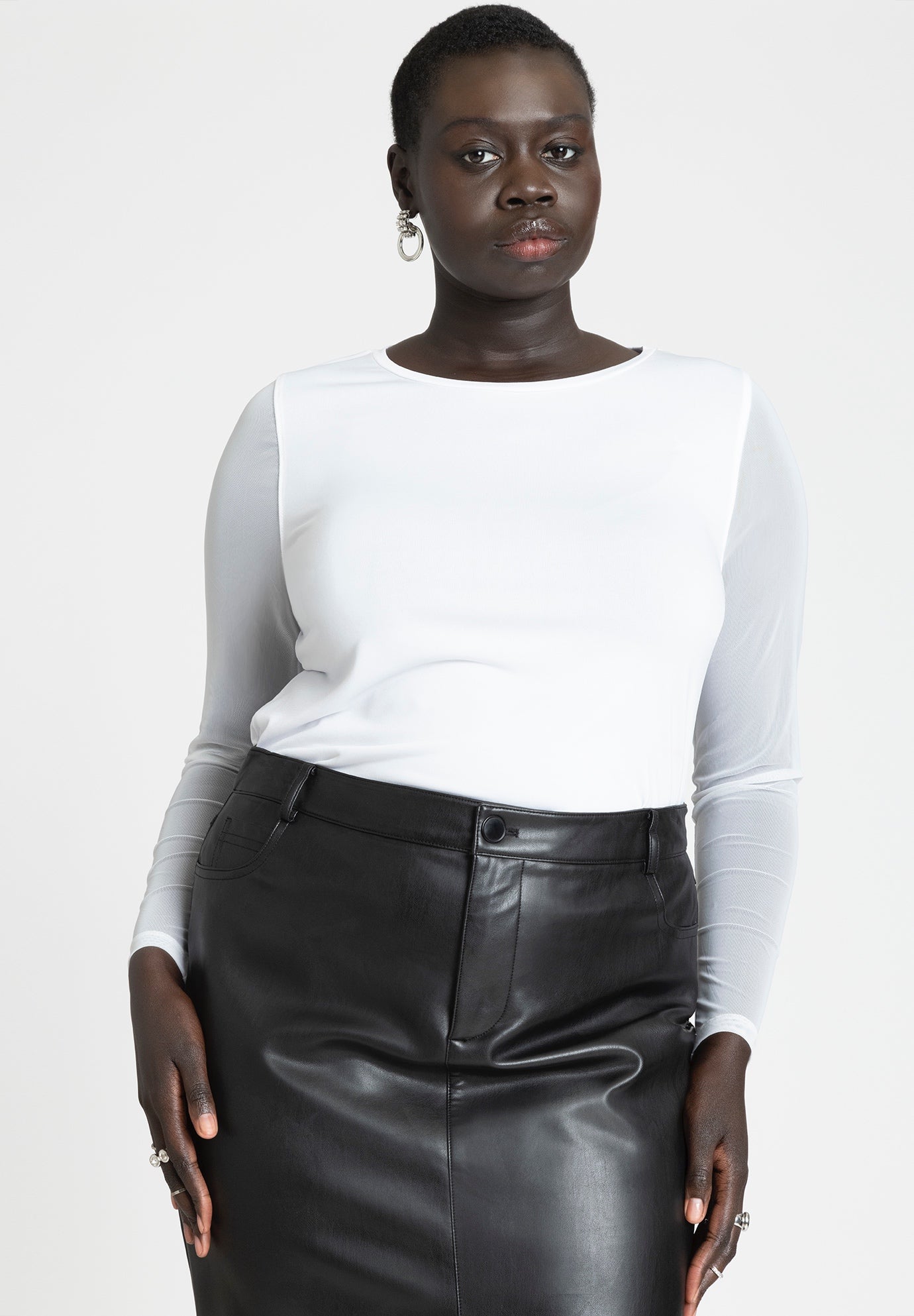 Sheer Sleeve Tee Sheer Mesh Knit Top, White | ELOQUII