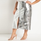 Metallic Silver Faux Leather Zip Front Skirt image number null