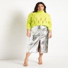 Metallic Silver Faux Leather Zip Front Skirt image number null