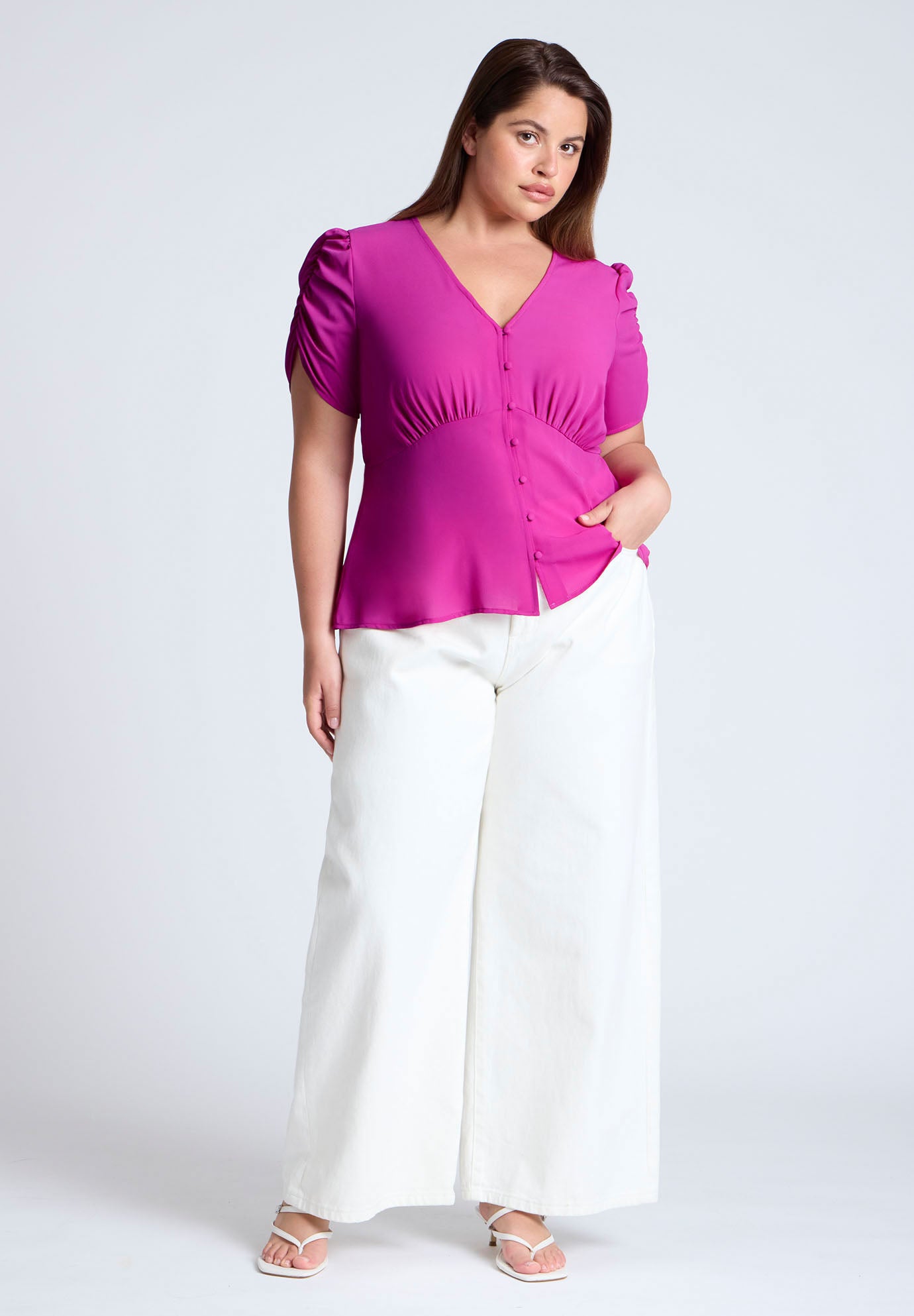 Shirred Sleeve Top With Buttons image number 2