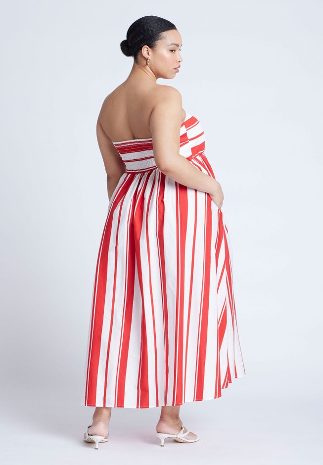 Poplin Fit and Flare Maxi Dress with Pockets, Red Stripe | ELOQUII Poplin Fit and Flare Maxi Dress with Pockets, Red Stripe | ELOQUII