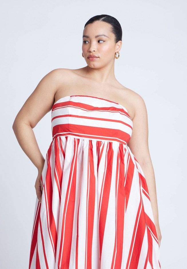 Poplin Fit and Flare Maxi Dress with Pockets, Red Stripe | ELOQUII Poplin Fit and Flare Maxi Dress with Pockets, Red Stripe | ELOQUII