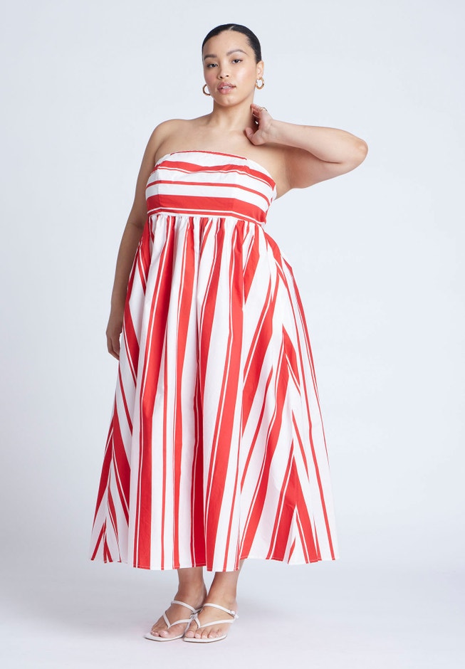 Poplin Fit and Flare Maxi Dress with Pockets, Red Stripe | ELOQUII Poplin Fit and Flare Maxi Dress with Pockets, Red Stripe | ELOQUII