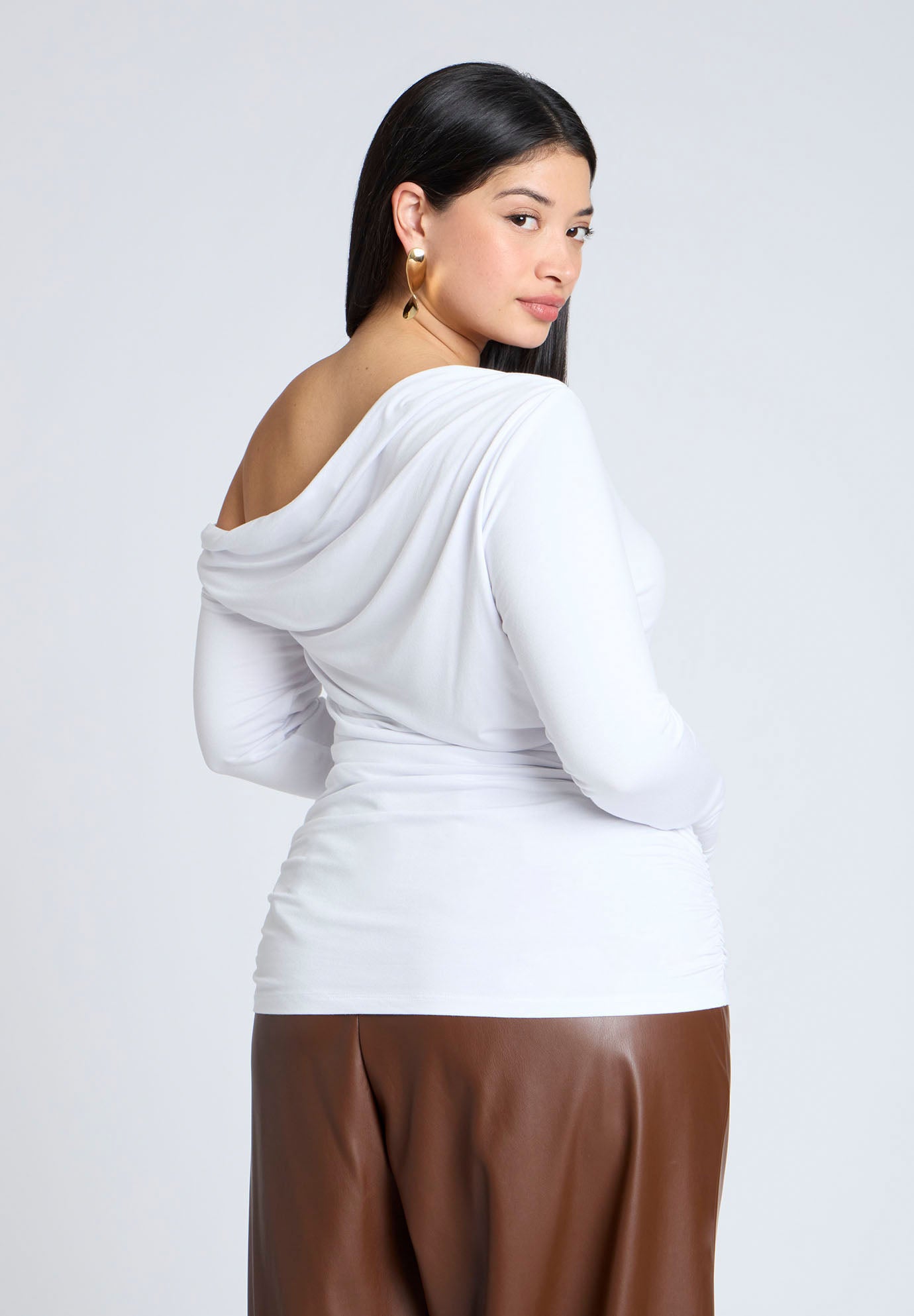 One Shoulder Tee with Ruching - High Stretch Knit, Optic White