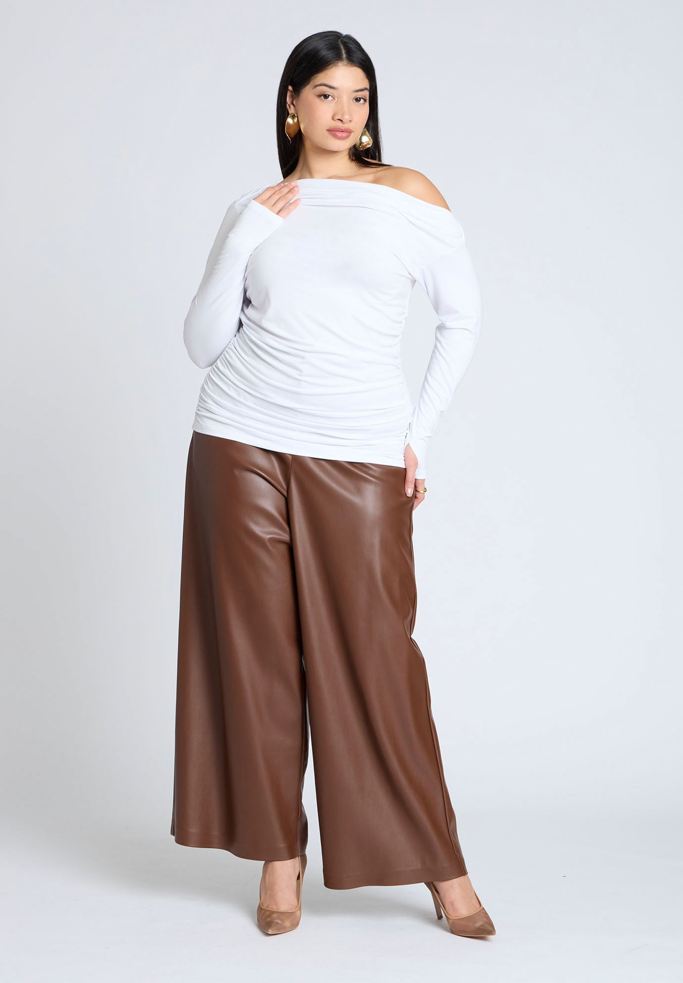 One Shoulder Tee with Ruching - High Stretch Knit, Optic White