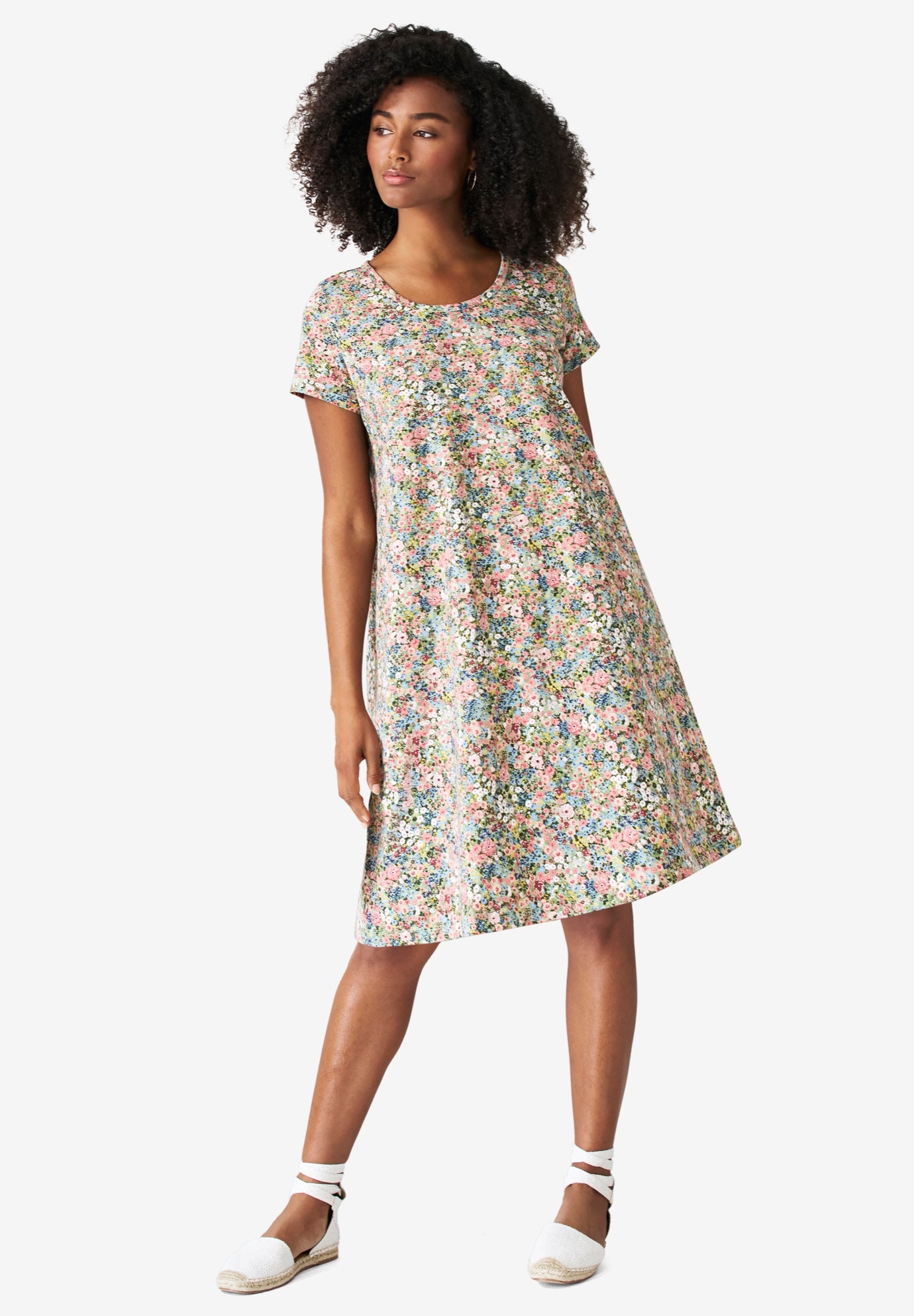 Cotton Spandex Scoop Neck Short Sleeve A Line Tee Dress image number 0