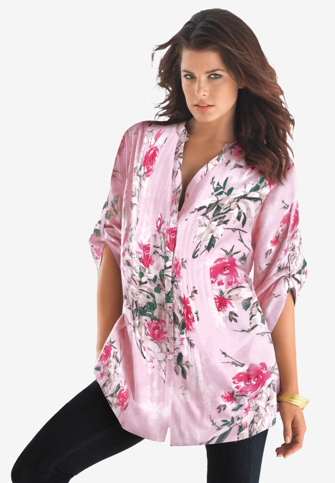 Plus Size Floral Y-Neck Pintuck Tunic &ndash; Adjustable Long Sleeve Button-Front, Relaxed Shirt Style image number 1