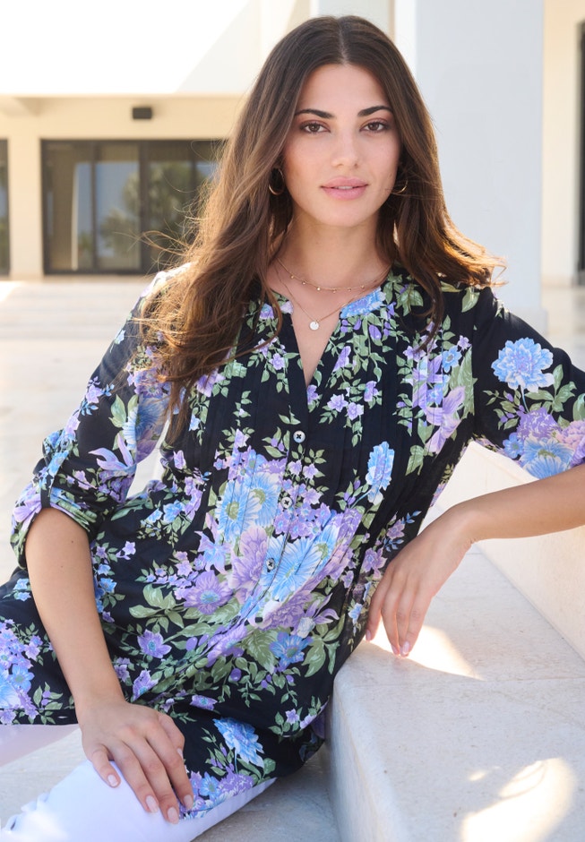Plus Size Floral Y-Neck Pintuck Tunic &ndash; Adjustable Long Sleeve Button-Front, Relaxed Shirt Style image number 5