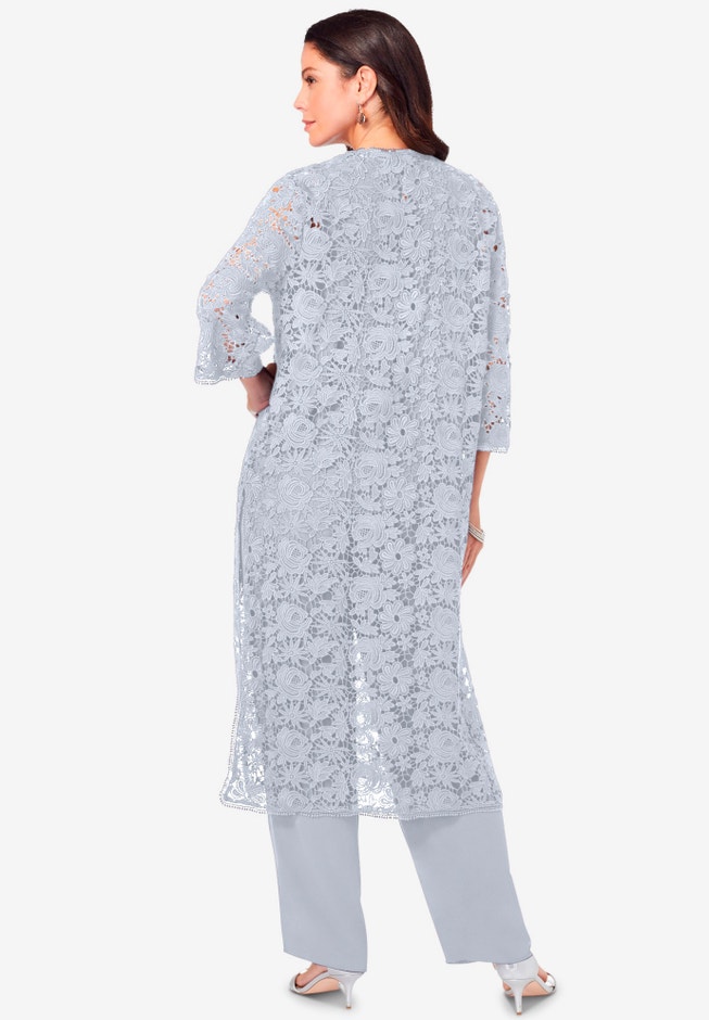 Plus Size 3-Piece Allover Lace Duster Pant Set &ndash; Formal Wear image number 2