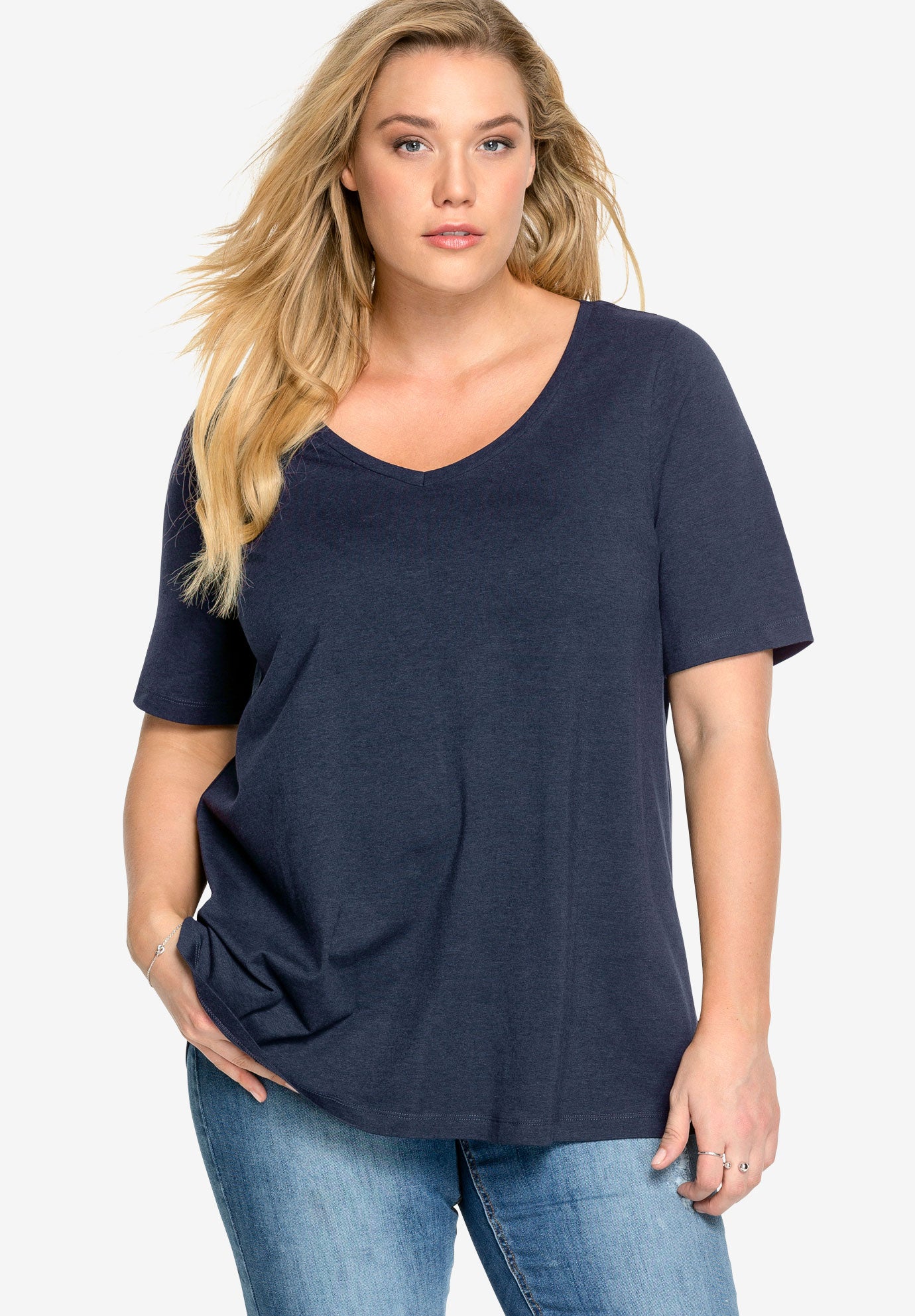 Stretch Knit V-neck Short Sleeve Tunic image number 0