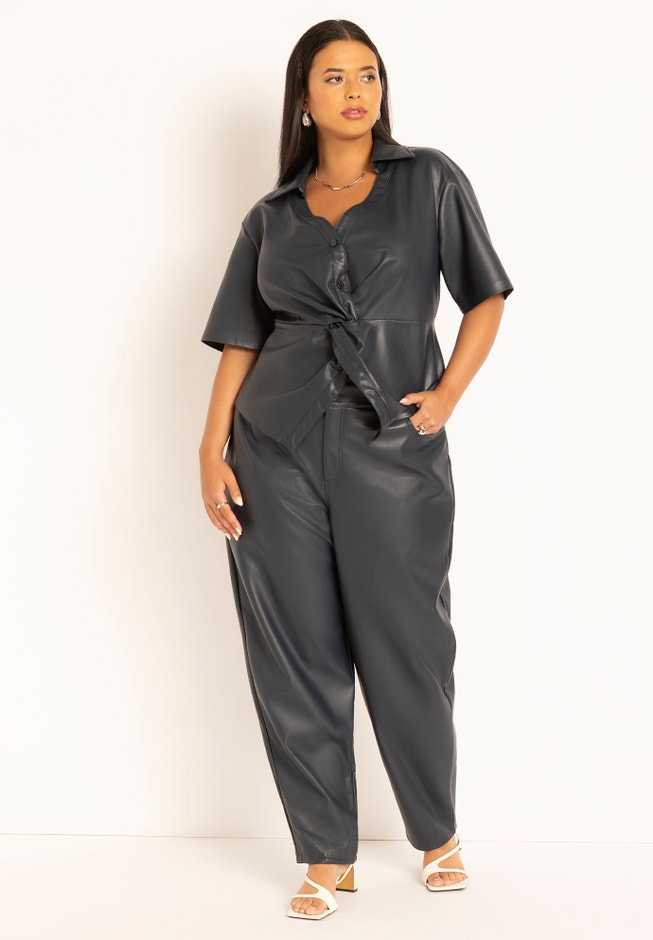 Faux Leather Short Sleeve Twist Top image number null
