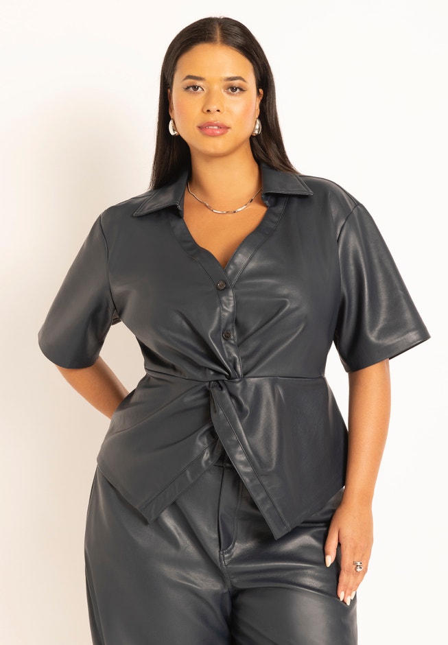 Faux Leather Short Sleeve Twist Top image number null