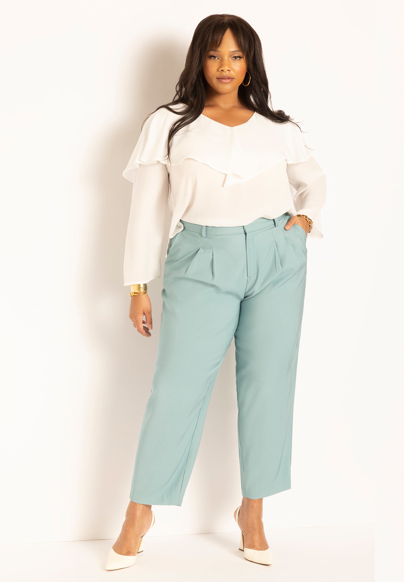 最後価格！mikiosakabe Ruffled Blouse Plus Size] Stand Collar Yoke Bishop Sleeve Blouse