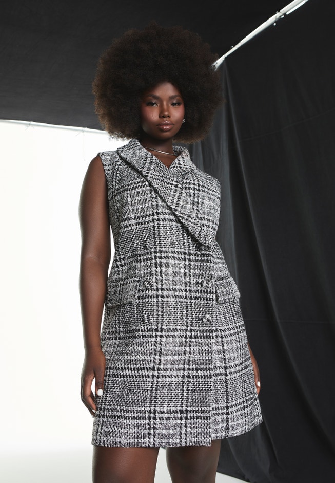 Tweed Jacket Mini Dress with Pockets - Tailored Fit, Black White Tweed | ELOQUII Tweed Jacket Mini Dress with Pockets - Tailored Fit, Black White Tweed | ELOQUII