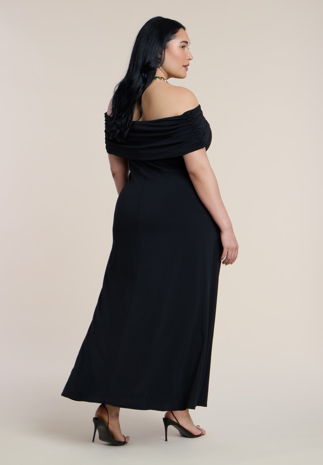 Off Shoulder Maxi Dress - Close Fit Bodice, Black Onyx | ELOQUII Off Shoulder Maxi Dress - Close Fit Bodice, Black Onyx | ELOQUII
