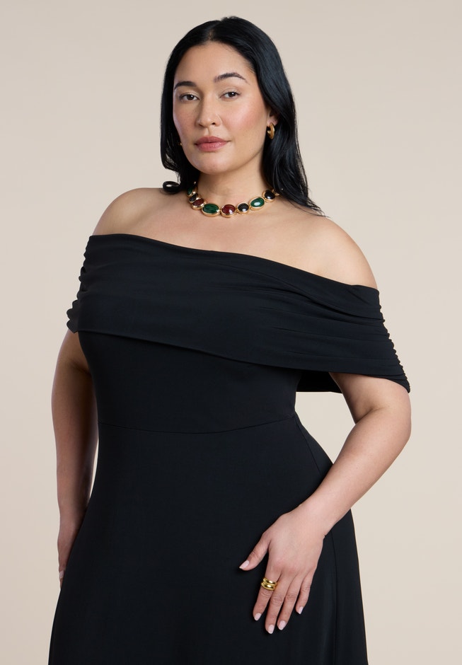 Off Shoulder Maxi Dress - Close Fit Bodice, Black Onyx | ELOQUII Off Shoulder Maxi Dress - Close Fit Bodice, Black Onyx | ELOQUII
