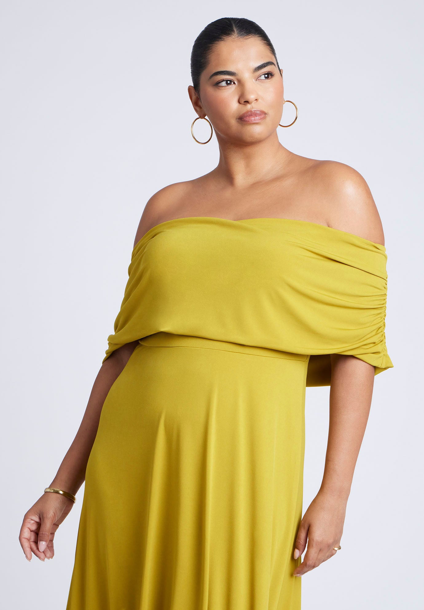 Off Shoulder Maxi Dress - Close Fit Bodice, Avocado Oil