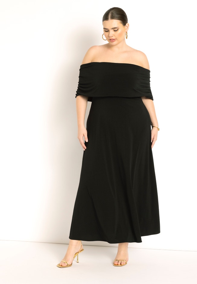 Off Shoulder Maxi Dress - Close Fit Bodice, Black Onyx | ELOQUII Off Shoulder Maxi Dress - Close Fit Bodice, Black Onyx | ELOQUII