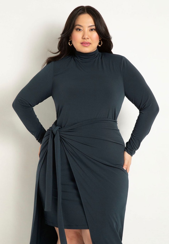 Mockneck Knit Dress With Wrapover Skirt image number 1