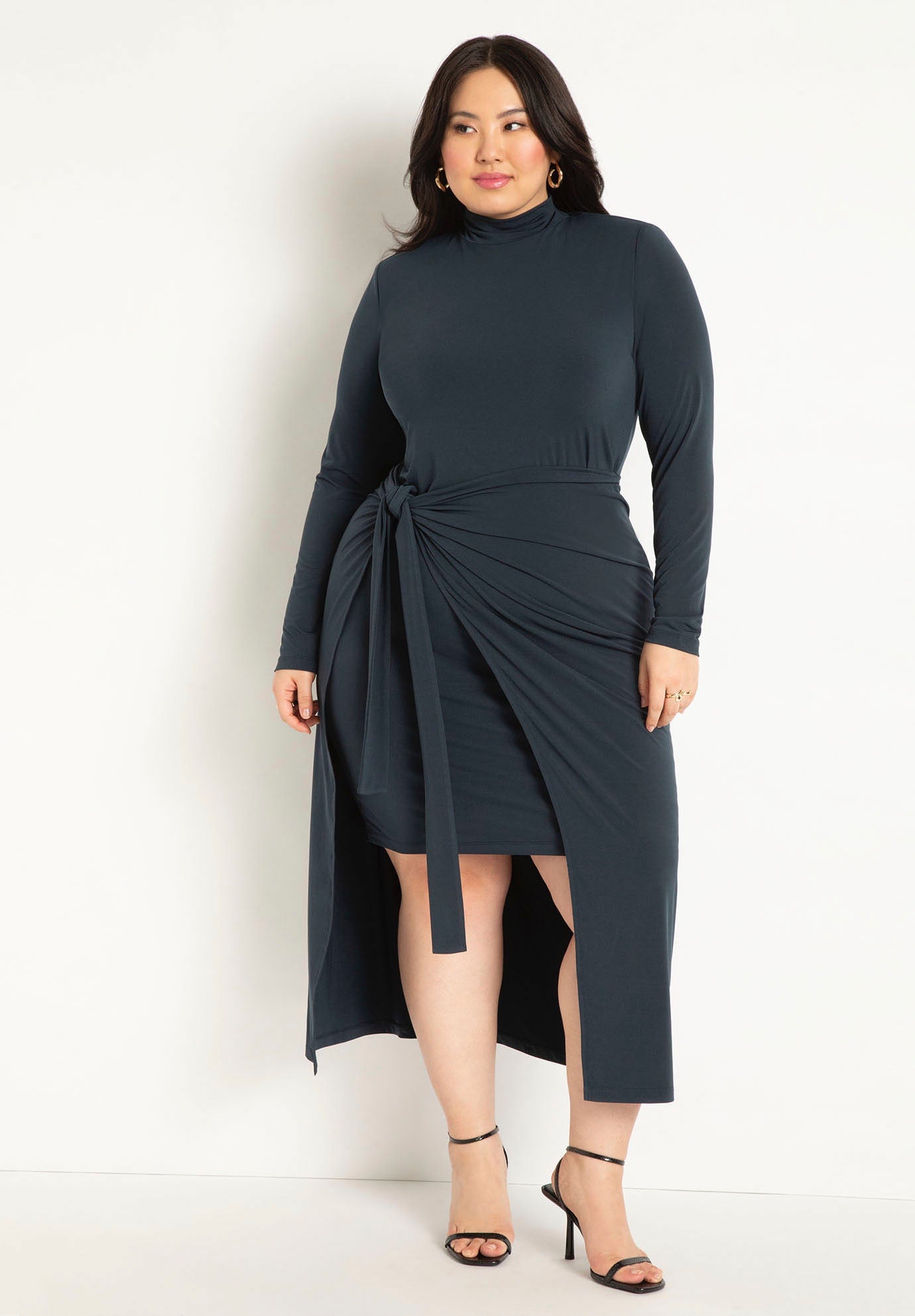 Mockneck Knit Dress With Wrapover Skirt image number 0