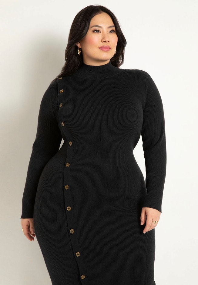 Asymmetrical Button Sweater Dress - Mock Neck Style, Black Onyx | ELOQUII Asymmetrical Button Sweater Dress - Mock Neck Style, Black Onyx | ELOQUII